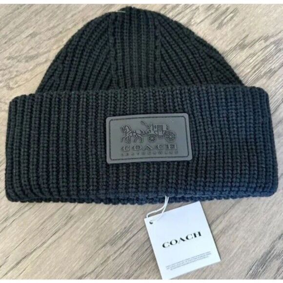 COACH CO100001C CLASSIC BLACK RIBBED TONAL PATCH CUFF BEANIE ONE SIZE NWT - Picture 4 of 8